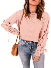 Solid Crew Neck Crop Sweatshirt Lace Up Long Sleeve