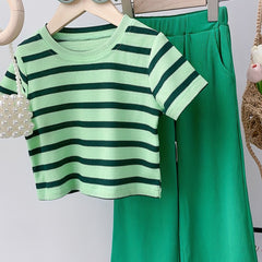 Toddler Girl's Cable Knit 2pcs Stripe Pattern T shirt & Ribbed Pants Set