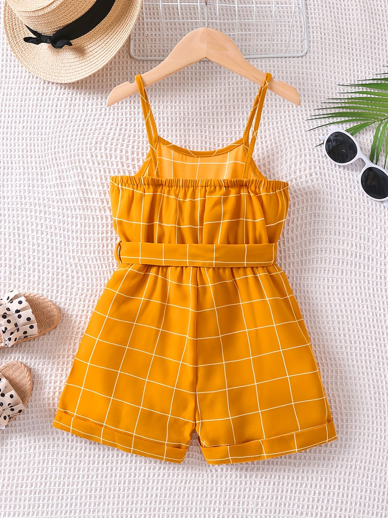 Toddlr Grls Plaid Graphic Belted Cami Romprs Jumpsuits Bch Vctn Kids Summr Clths