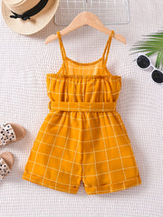 Toddlr Grls Plaid Graphic Belted Cami Romprs Jumpsuits Bch Vctn Kids Summr Clths