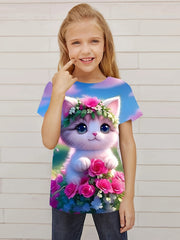 3D Kitten Graphic Short Sleeve T shirt For Girls Summer Sports