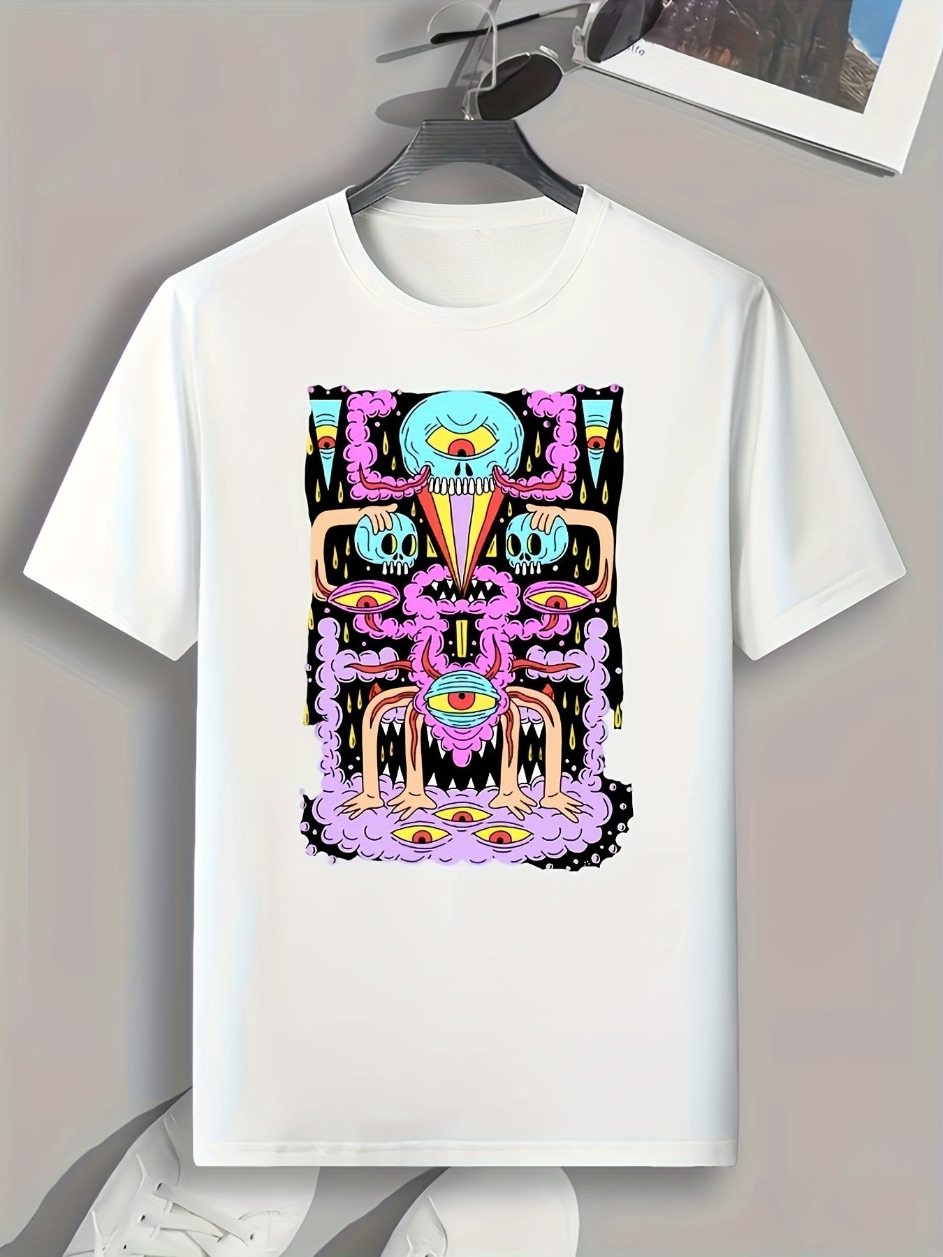 Cartoon Pattern Print Men's Graphic T-shirt, Summer Casual Comfy Tees