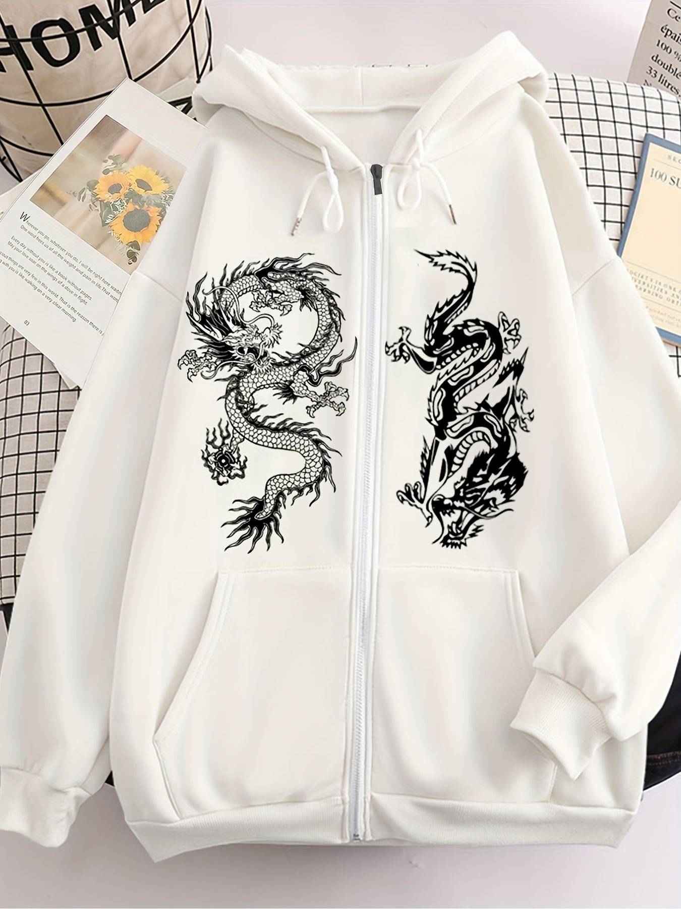 Dragon Print Zip Up Hoodie with Kangaroo Pocket for Women