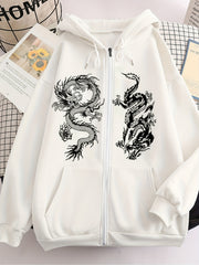 Dragon Print Zip Up Hoodie with Kangaroo Pocket for Women
