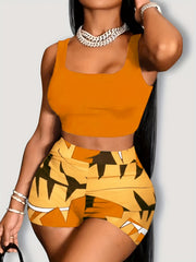 Summer Two Piece Set Cropped Tank Top & Geometric Print Shorts