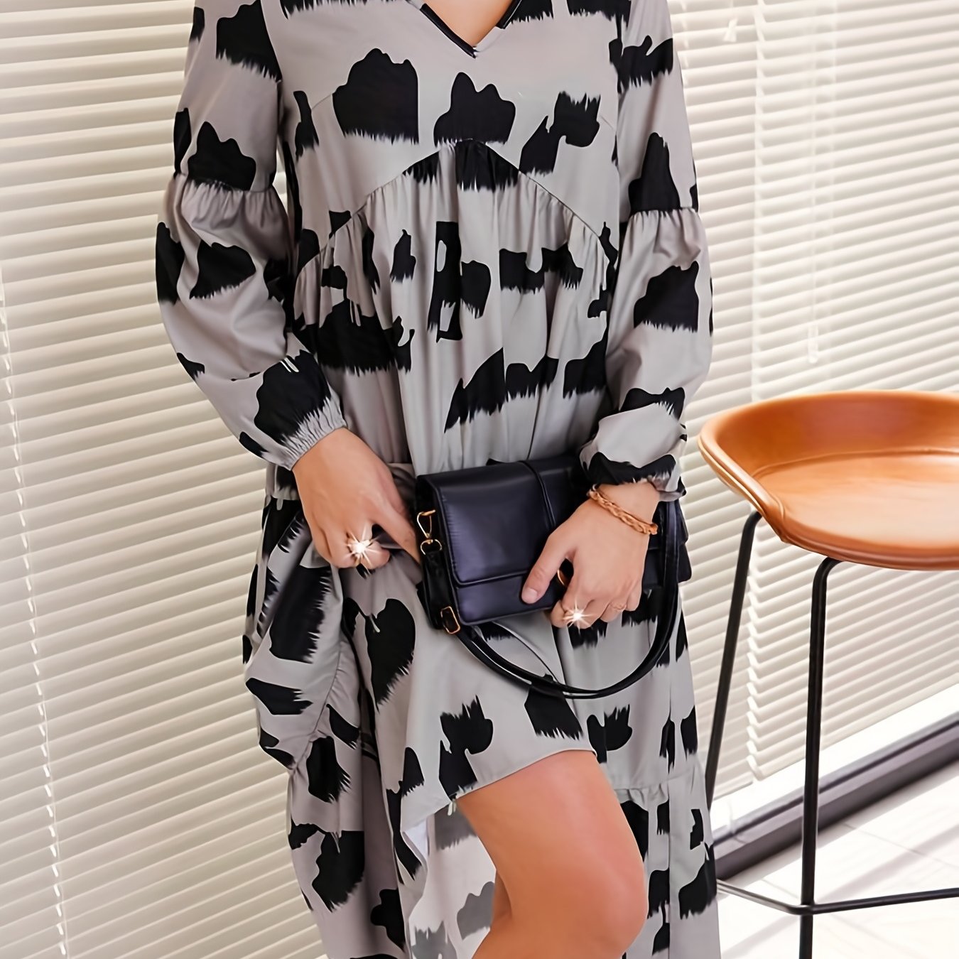 Tiered Allover Print Long Sleeve Midi Dress