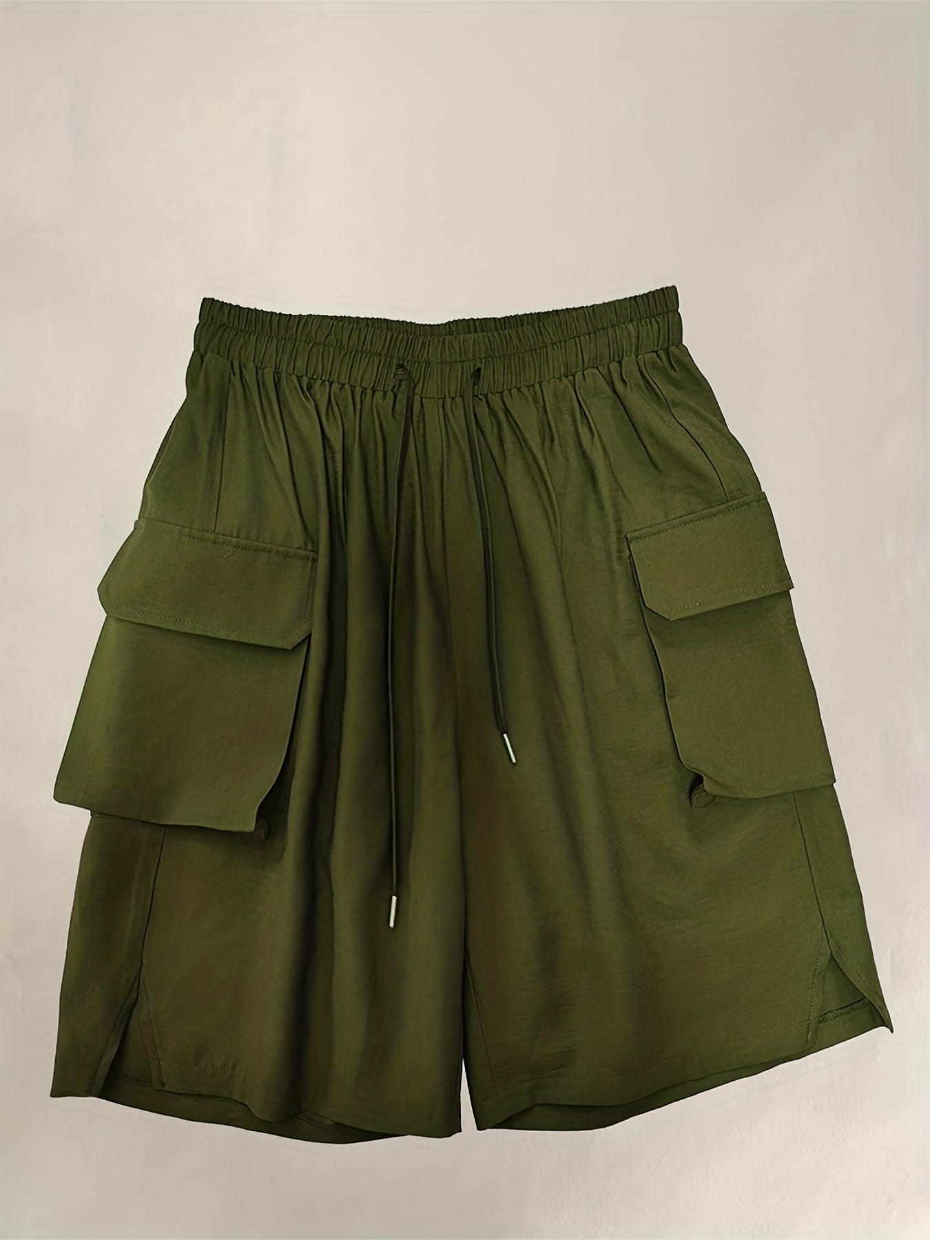 Solid Cargo Shorts Elastic Waist Wide Leg Shorts