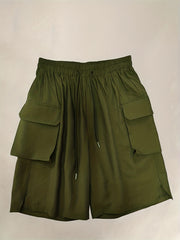 Solid Cargo Shorts Elastic Waist Wide Leg Shorts