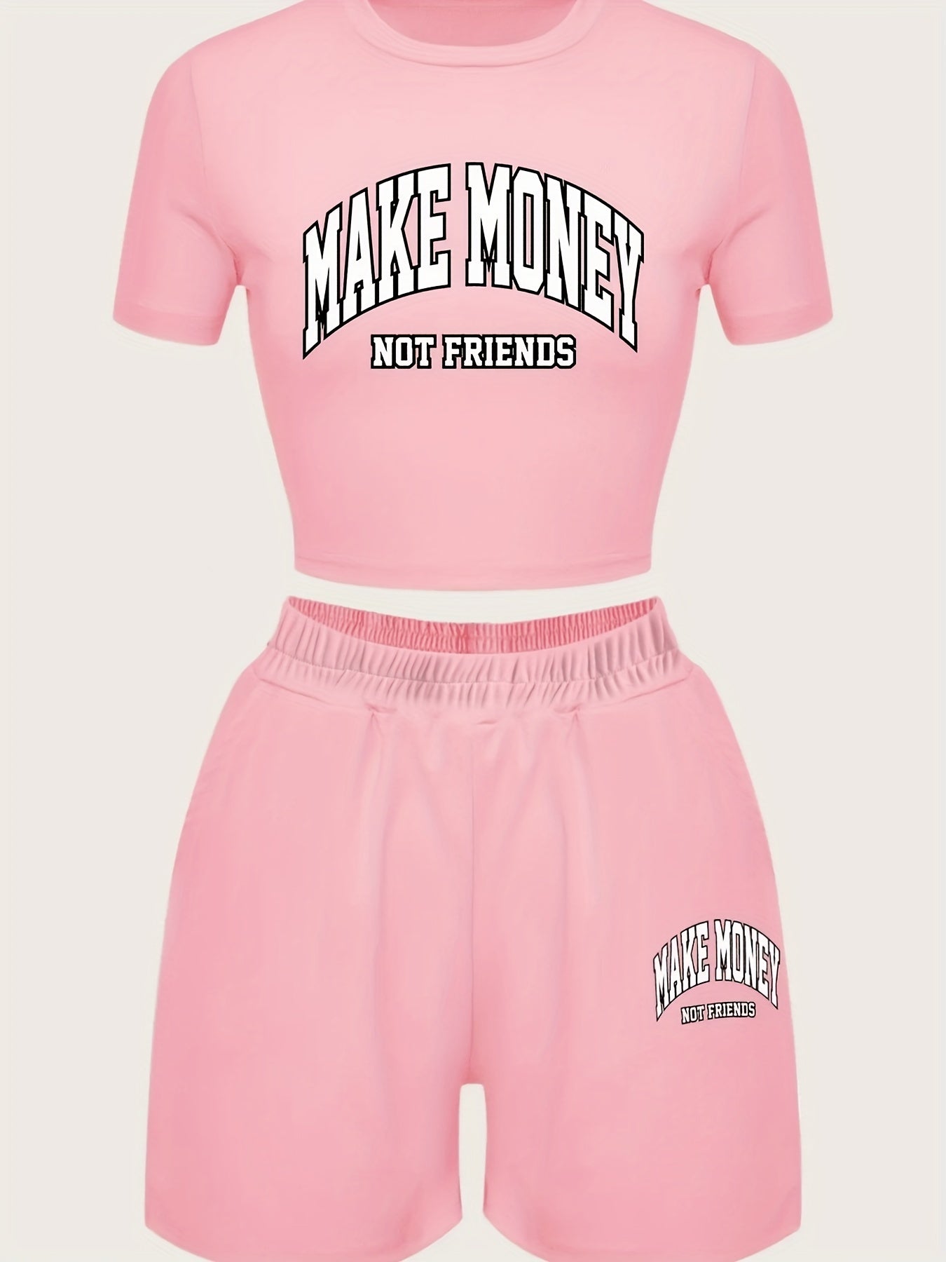 Letter Print 2pc Set Short Sleeve Crop T-shirt & High Waist Elastic