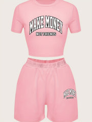 Letter Print 2pc Set Short Sleeve Crop T-shirt & High Waist Elastic