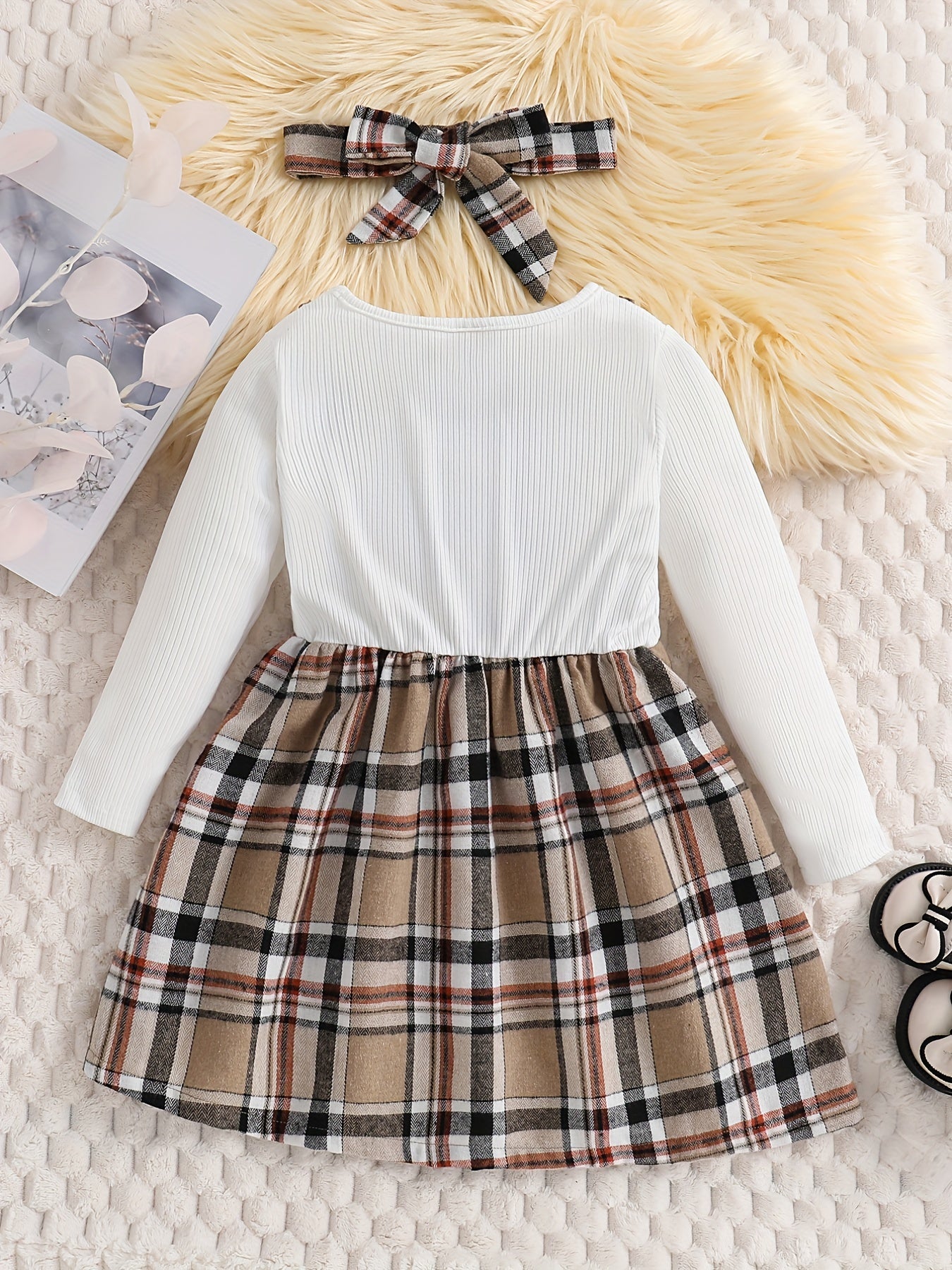 Girls' Preppy Plaid Dress and Headband Set for Party