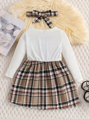 Girls' Preppy Plaid Dress and Headband Set for Party