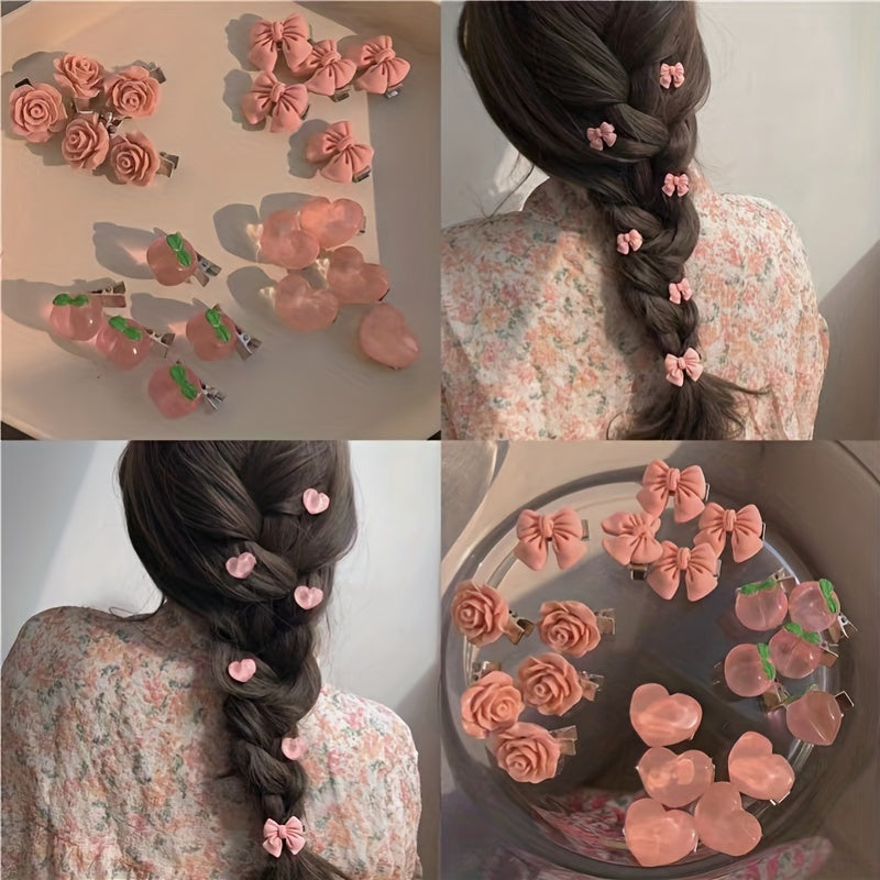 5pcs Pink Hair Clip Set Bow Camellia Peach Heart Edge Clip Hair Accessories