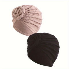 2pcs Twist Pleated Turban Cap Embossed Elastic Bonnet Chemo Beanies