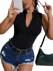 Solid Zip Front V Neck Tank Top Casual Summer Sleeveless Top Women's Clothing