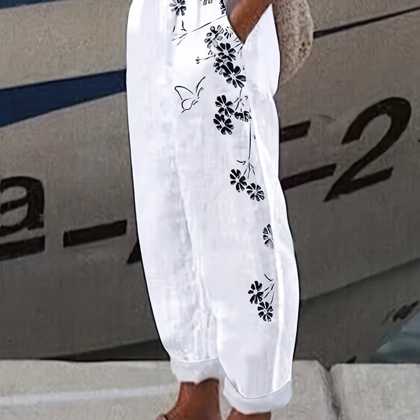 Butterfly & Flower Print Elastic Waist Pants for Women