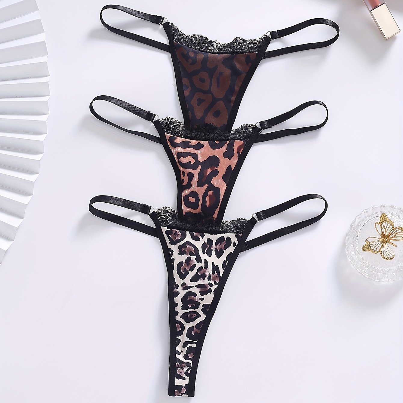 3 Pack Plus Size Sexy Thongs Set Women's Plus Leopard Print Lace G strings