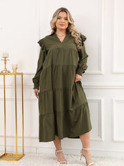 Retro Dress Long Sleeve Ruffle Trim V Neck Maxi Dress