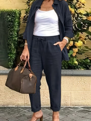 Button Front Long Sleeve Shirt & Wide Leg Pants Set