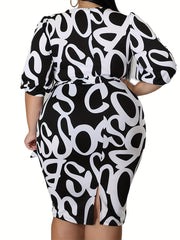 Plus Size Casual Dress Women's Plus Letter Print Slim Fit Dress