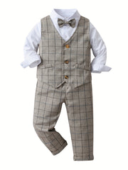 Boys Formal Outfit Set Long Sleeve Bowtie Shirt Pants Vest