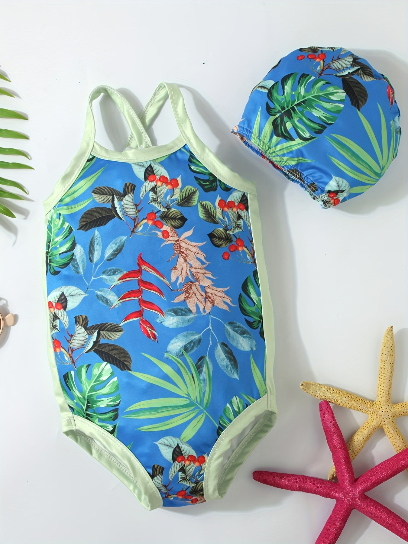 2pcs Toddler Girls Tropical Flowers One Piece Swimsuit & Cap