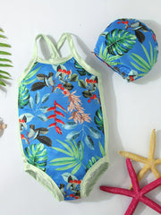 2pcs Toddler Girls Tropical Flowers One Piece Swimsuit & Cap