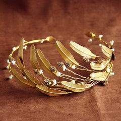 Golden Leaves Wedding Crown Pearl Bridal Crown Golden Headband
