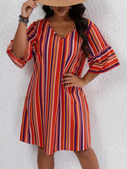 Stripe Print V Neck Loose Fit Mini Dress
