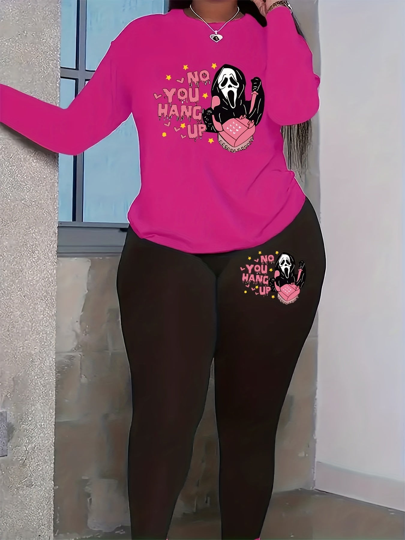 Halloween 2 Piece Set Slogan & Skull Print Long Sleeve