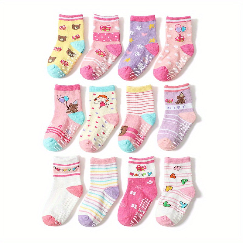 12 Pairs Girls Cartoon Knit Socks Soft Cotton Crew Socks Children's Accessories