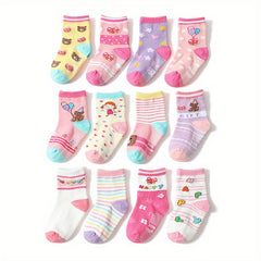 12 Pairs Girls Cartoon Knit Socks Soft Cotton Crew Socks Children's Accessories