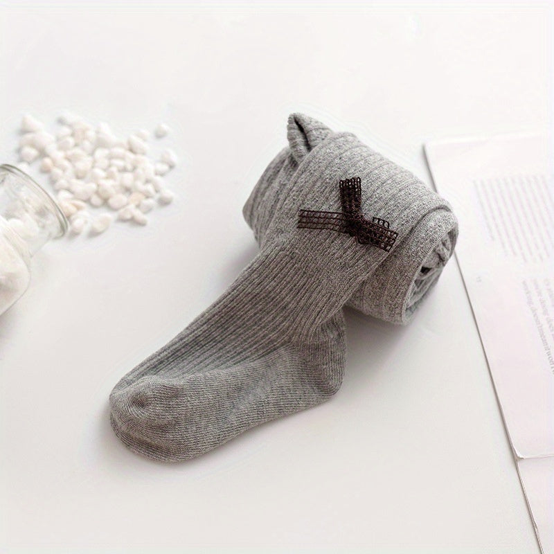 Girls Bow Decor Ribbed Knit Pantyhose Soft Tights Leggings Pants