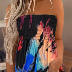 Tie Dye Ruffle Tube Top Sexy Off Shoulder Shirred Chest
