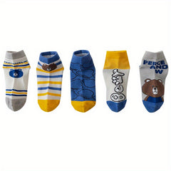 5 Pairs Boys Cartoon Bear Stripe Socks Spring Summer