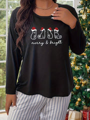 Christmas Lounge Top Women's Plus Christmas Hat Cat Print Long Sleeve