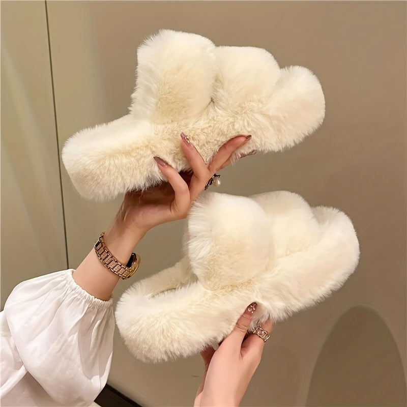Fuzzy Open Toe Slippers Double Strap Casual Slip On Shoes
