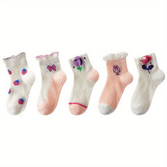 Girls 5 Pairs Breathable Crew Socks with Strawberries and Flowers