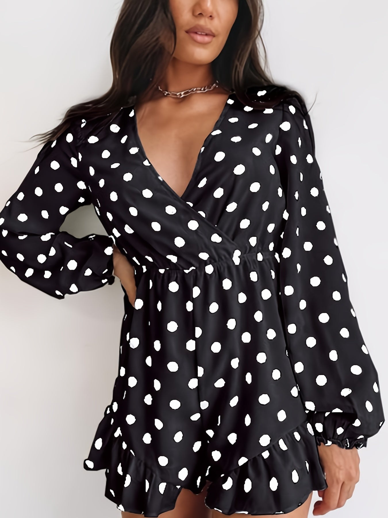 Polka Dot Surplice Neckline Jumpsuit Ruffle Trim Romper