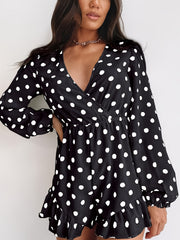 Polka Dot Surplice Neckline Jumpsuit Ruffle Trim Romper
