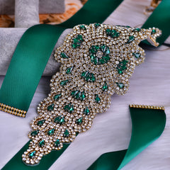 Green Satin Ribbon Belt with Rhinestone and Pearl Embellishments