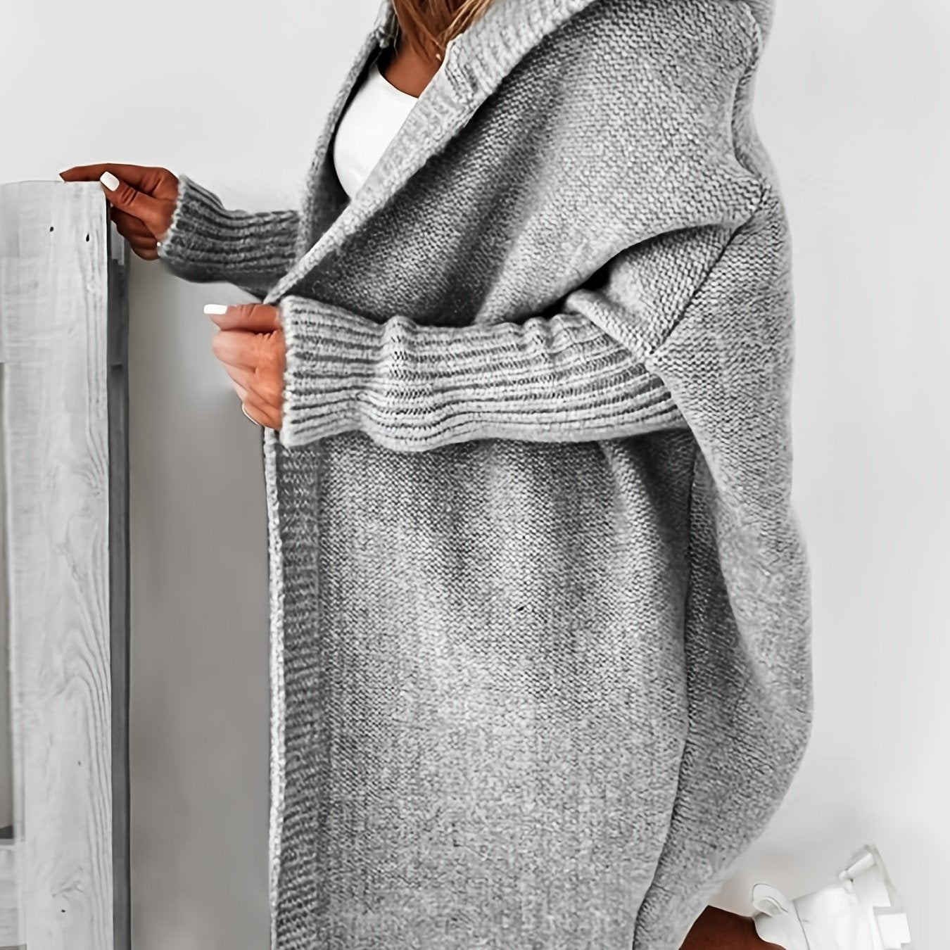 Solid Bat Sleeve Hooded Cardigan