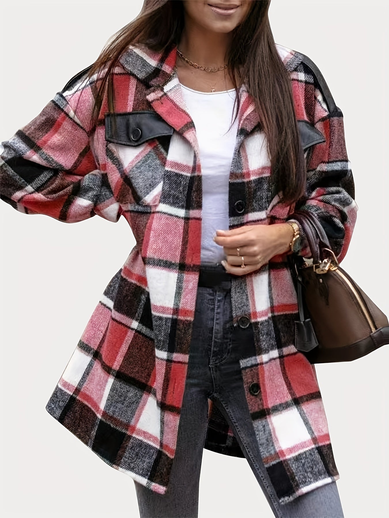 Plaid Print Shacket Jacket Long Sleeve Turn Down Collar Outerwear