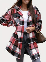 Plaid Print Shacket Jacket Long Sleeve Turn Down Collar Outerwear