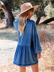 Denim Dress Button Up Collar Lantern Sleeve Loose Fit Mini