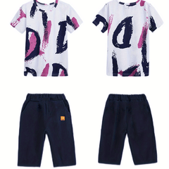 Boys Contrast Cotton Top & Casual Shorts Set Spring Summer Kids Clothes