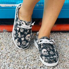 Halloween Scary Skeleton & Floral Print Low Top Sneakers Lightweight