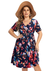 Floral Print V Neck Dress with Drawstring