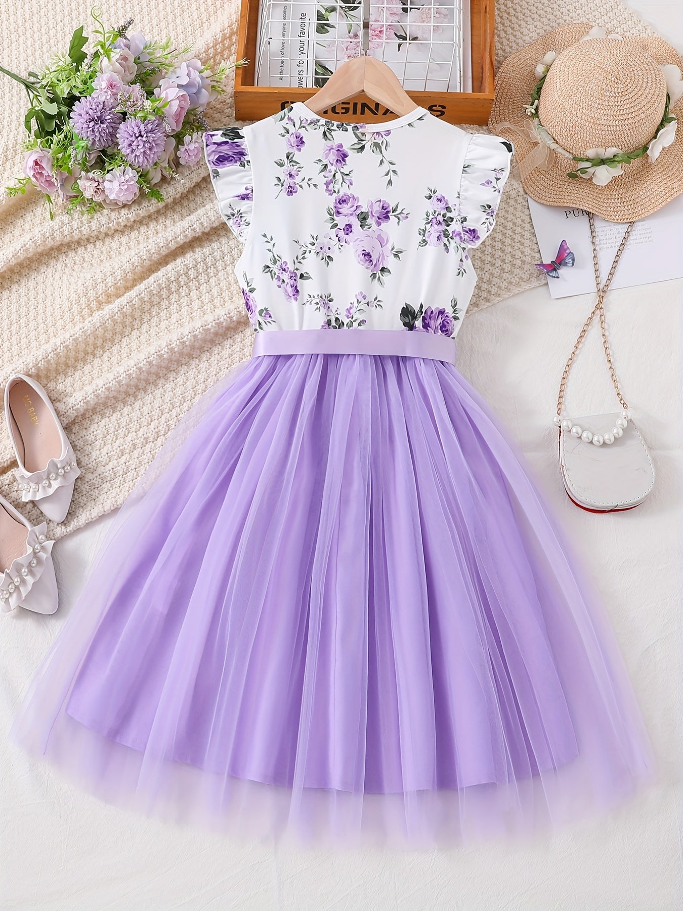 Boho Floral Tulle Spliced Dress with Bow Band for Summer