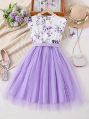 Boho Floral Tulle Spliced Dress with Bow Band for Summer